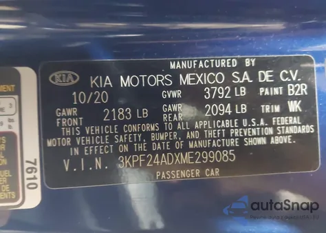 2021 Kia Forte Lxs из США, поврежденный, VIN 3KPF24ADXME299085